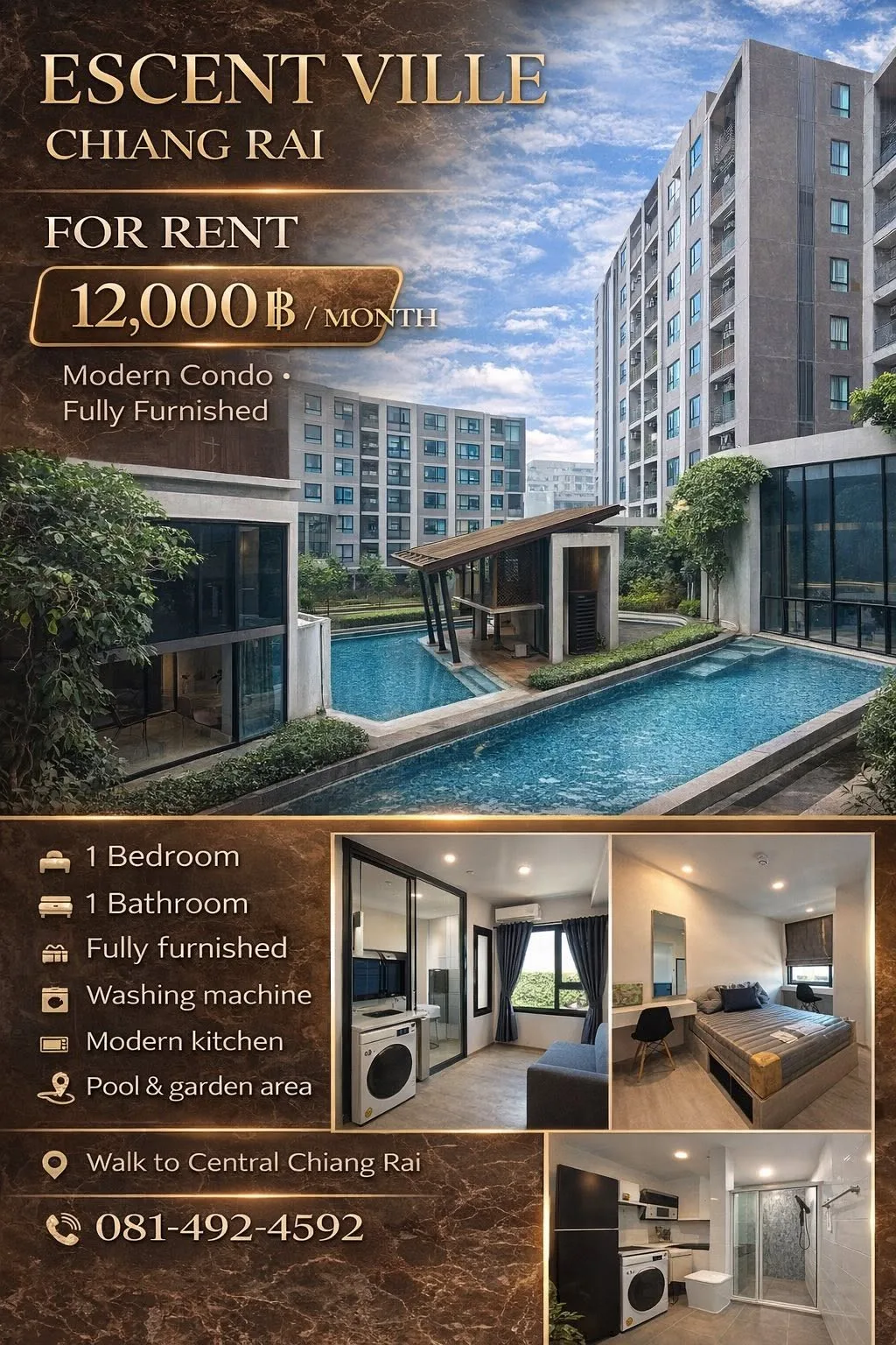 ให้เช่าคอนโด Escent Ville Chiang Rai ชั้น 7 ใกล้เซ็นทรัล 12,000 บาทต่อเดือน