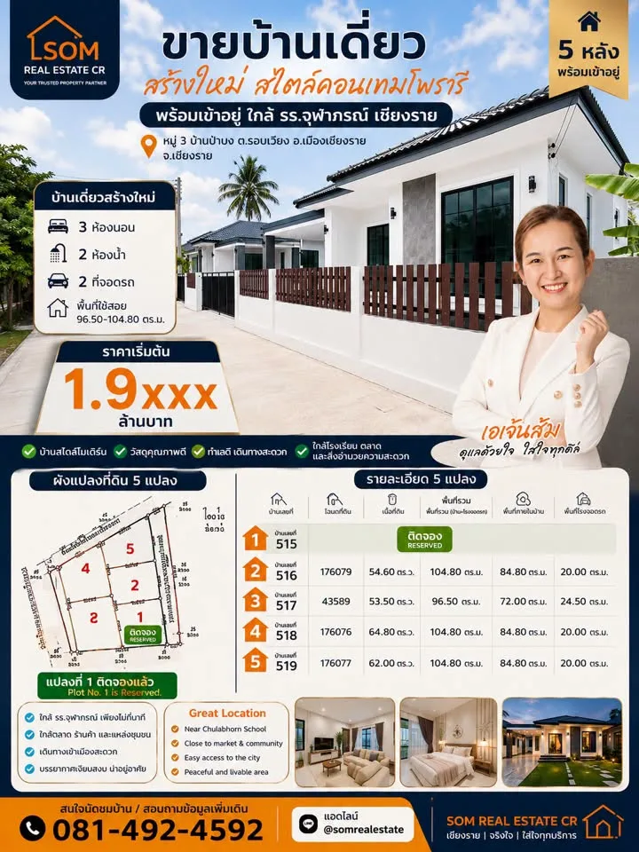 บ้านเดี่ยวสร้างใหม่ 5 หลัง บ้านป่าบง รอบเวียง